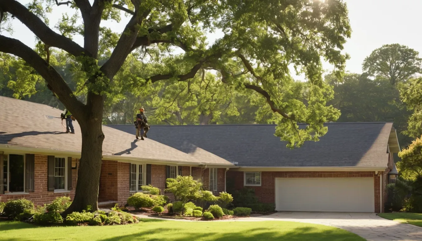 A tree provider safely guiding a large limb down beside a ranch home near Houston