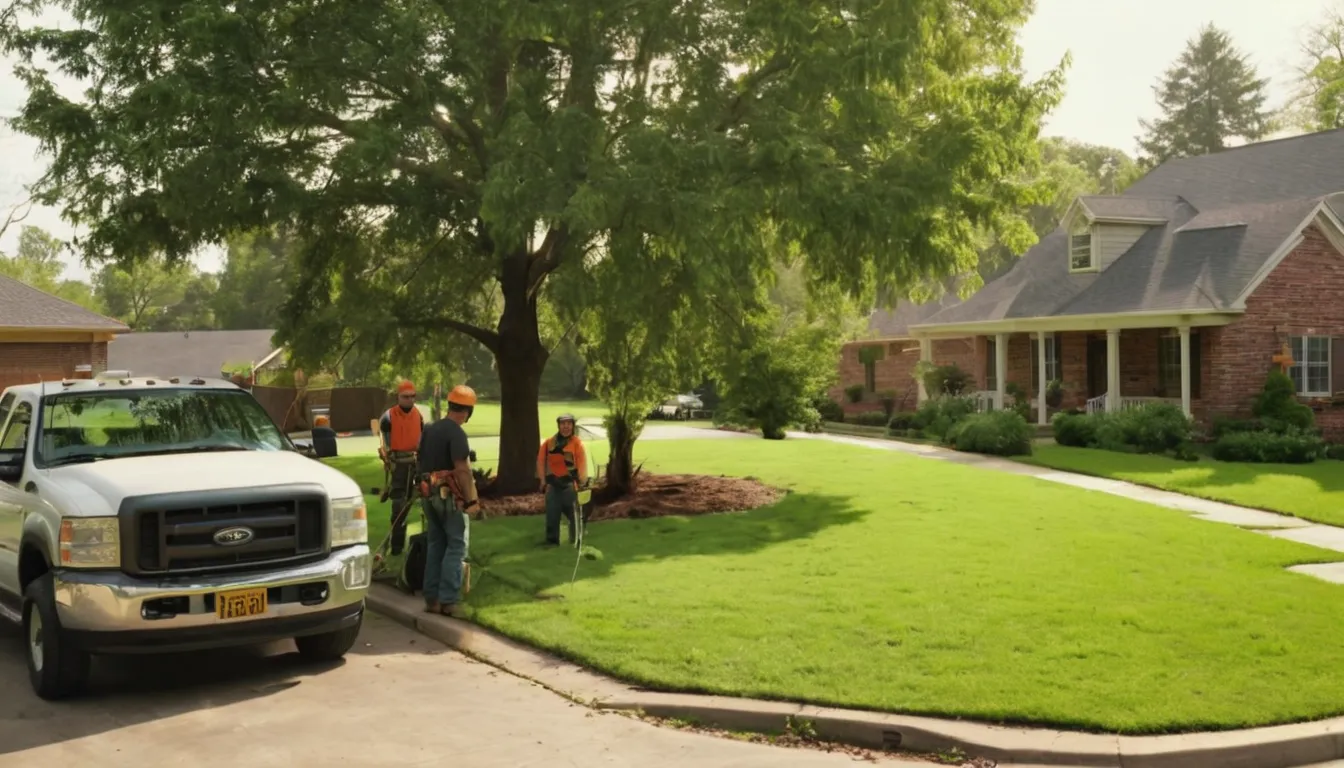 Provider crew safely taking down a large tree beside a ranch home near Houston